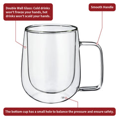 Vinsani Double Walled Coffee Drink Glasses Tea Cup Mug Heat Cold Resistant Aesthetic Clear Borosilicate Glass with Handle Cappuccino Latte Tea Dessert Hot and Cold Drinks