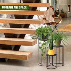 GEEZY Plant Stands Indoor, Set of 3 - Black Round Metal Flower Pot Stand, Aesthetically Pleasing Modern Planter Holders & Decorative Display Rack, Living Room Accessories for Home & Office