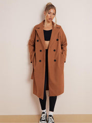 Women's Classy Solid Color Double Breasted Detachable Belted Pocket Pea Coat, Lapel Neck Long Sleeve Outerwear for Fall & Winter