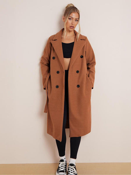 Women's Classy Solid Color Double Breasted Detachable Belted Pocket Pea Coat, Lapel Neck Long Sleeve Outerwear for Fall & Winter