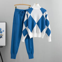 Women'S New Arrival Autumn/ Winter 2024 Casual Check Pattern Sweater Set - Style Trendy Two-Piece Outfit, Long Sleeve, Square Neck, Color Block, Drawstring, Pants, Casual Wear|Check Pattern Top|Drawstring Pants, Sweater Set