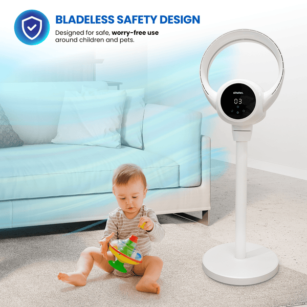 Schallen White 2 In 1 Bladeless Fan Floor and Desk Table Fan with Digital Display and Remote Control, Quiet Adjustable Cooling Fan for Home Office Bedroom, Modern White and Black Tower Fan with Safe Bladeless Airflow, Portable Standing or Desktop Fan with