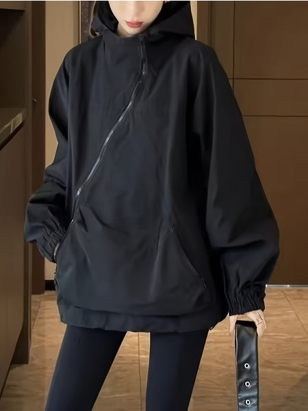 Black Casual Outdoor Hoodie with a Retro Slant Zipper for Women - Lightweight And Loose Fit, Perfect for Spring And Autumn, Machine Washable, Versatile Casual Jacket And Sweatshirt