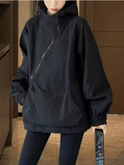 Black Casual Outdoor Hoodie with a Retro Slant Zipper for Women - Lightweight And Loose Fit, Perfect for Spring And Autumn, Machine Washable, Versatile Casual Jacket And Sweatshirt