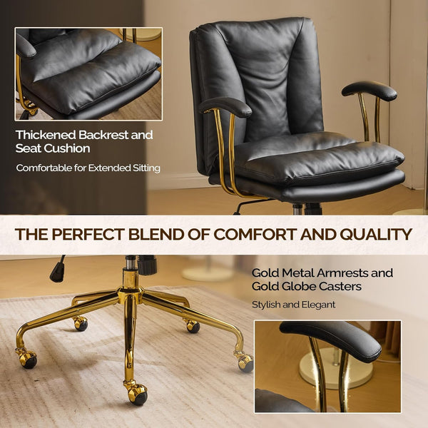 Office Chair Desk Chair with Wheels & Removable Armrests Gold Base Vanity Chair with Back Adjustable Rolling Swivel Computer Task Chair PU Leather