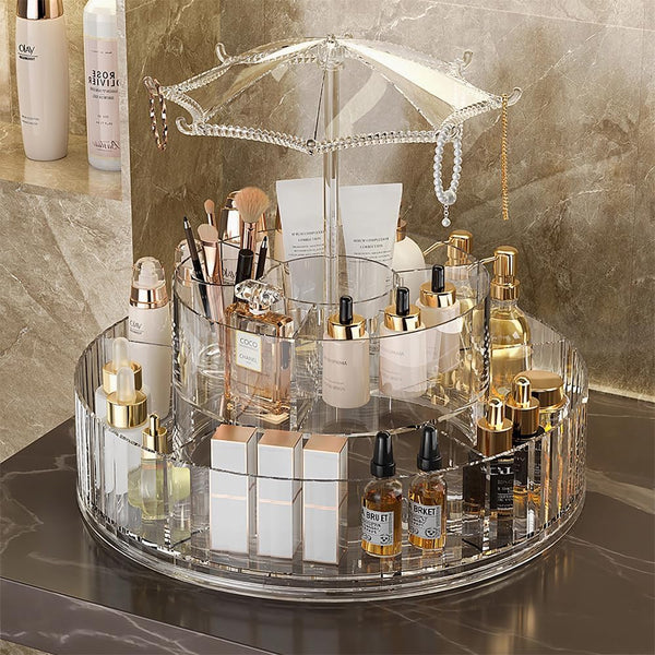 Hanging Jewellery Storage with Umbrella Shaped Jewellery Rack, Desktop Cosmetics Holder, Layered Storage Space, Rotatable Cosmetics Stand 360° Rotatable Makeup Organizer for Jewellery Makeup Storage,Desktop Decoration