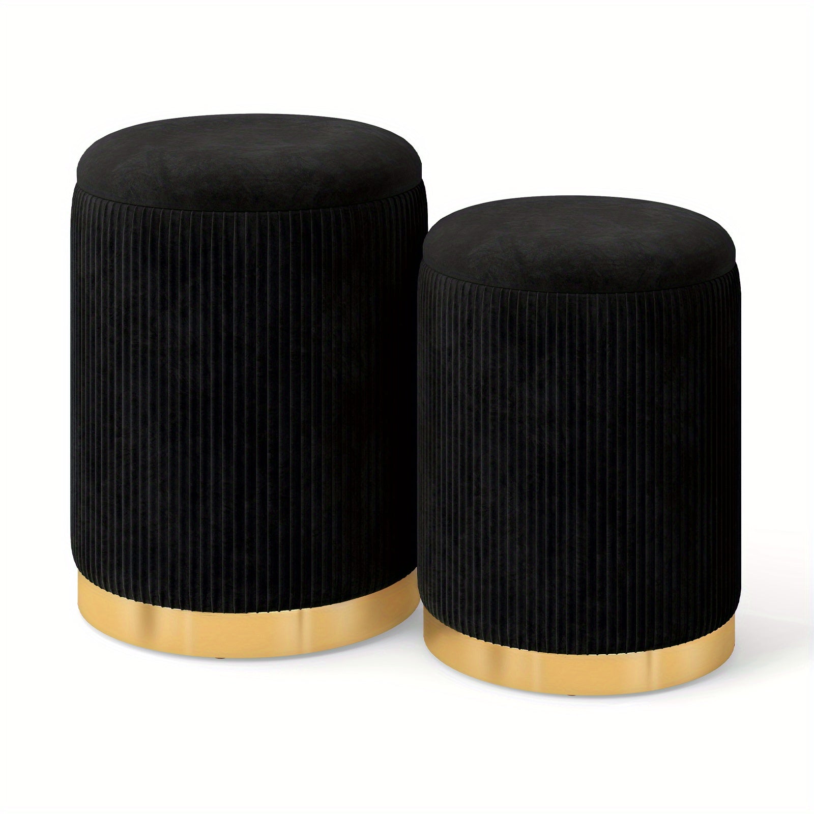COSTWAY Velvet Storage Ottoman Set of 2 with Golden Stainless Steel Hoop, Ottoman Storage Bench