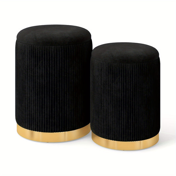COSTWAY Velvet Storage Ottoman Set of 2 with Golden Stainless Steel Hoop, Ottoman Storage Bench