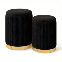 COSTWAY Velvet Storage Ottoman Set of 2 with Golden Stainless Steel Hoop, Ottoman Storage Bench