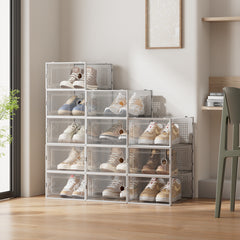 Pack of 12 Stackable Shoe Boxes Shoe Storage Organisers, Sturdy & Durable, Space Saving, Shoe Organizer Containers with Lids for Women/Men, Ideal for Entryway, Closet, Living Room, Bedroom, Office, Dorm, Fit Up To UK Size 9.5, 23x33x14cm
