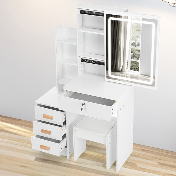 Modern Dressing Table with LED Lights, Vanity Desk with Mirror/4 Drawers/Cushioned Stool, Makeup Bedroom Dressing Table with Open Shelves for Home Bedroom