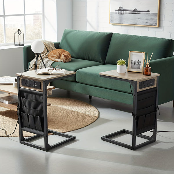 AMHANCIBLE 1pc/2pcs C-Shape Side Table Featuring a Charging Station, Bedside Table with a Storage Pouch, And a Coffee Table with a Metal Frame Suitable for Living Rooms, Bedrooms, And Offices