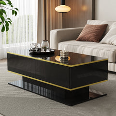 Modern LED coffee table, 100cm high gloss white coffee table, with 3 drawers and RGB light strips, adjustable color/brightness, gold edge, PB board material, suitable for living room, bedroom, lounge, studio - with a load-bearing capacity of 50kg and spac