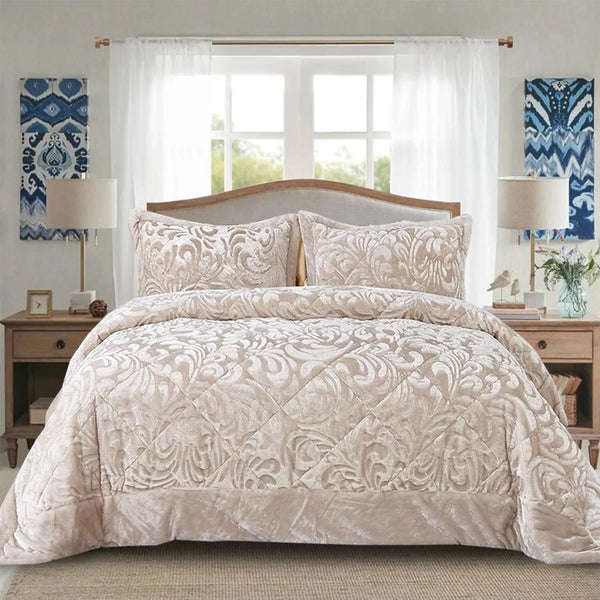 3pcs Embossed Bedspread Set - Coverless Comforter with 2 Pillow Shams, Lightweight All-Season Bedding - Soft Teddy Fleece Bedspread