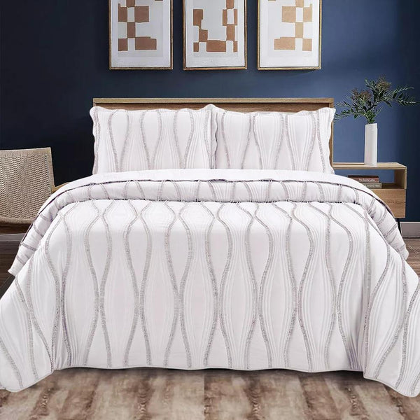 Luxury 3-Piece Embossed Quilted Bedspread Set – Super Soft All-Season Microfiber Comforter with Matching Pillow Shams, Elegant Wave Design, Bed Throw Single Double King Size, Lightweight Yet Warm Modern Bedding Set, Ideal for Modern or Traditional Homes