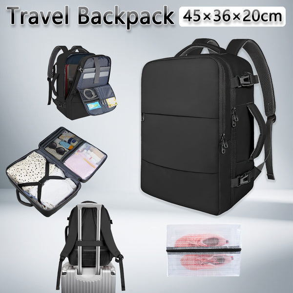 Large 45x36x20 Black Laptop Backpack for Women, Cabin Bag for EasyJet Underseat Use, Carry On Rucksack with Shoe Pouch, Organiser Pockets for Office, School, Travel and Daily Commute