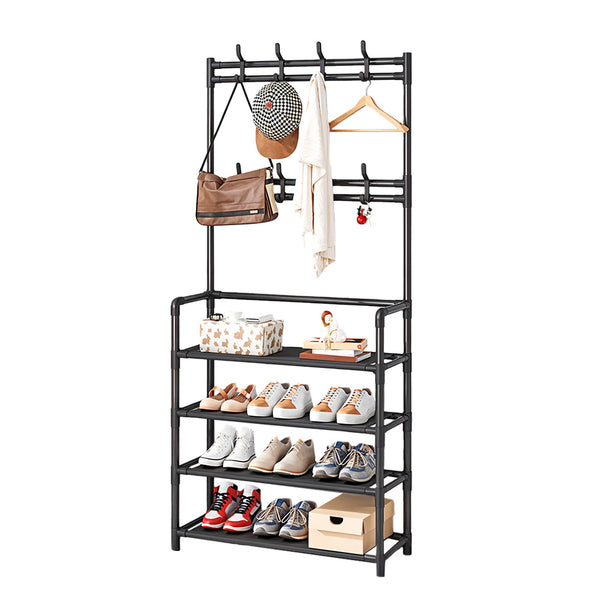 Large Capacity Coat Rack Stand, Metal Hall Tree with 8 Hooks Bag Hat Hanger and Non Woven Fabric Shoe Shelves, Modern Clothes Rack, Versatile 4 Tiers Shoe Rack Bench with Metal Frame for Entryway Hallway Living Room Clothes Drying Rack