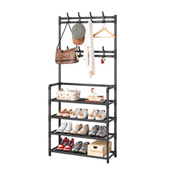 Large Capacity Coat Rack Stand, Metal Hall Tree with 8 Hooks Bag Hat Hanger and Non Woven Fabric Shoe Shelves, Modern Clothes Rack, Versatile 4 Tiers Shoe Rack Bench with Metal Frame for Entryway Hallway Living Room Clothes Drying Rack