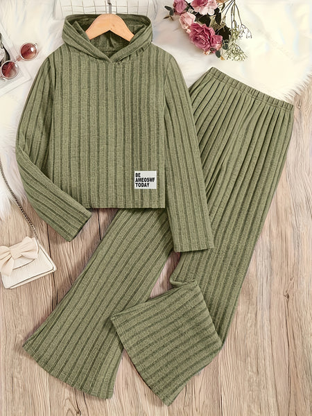 A Set of Women's Ribbed Letter Applique Hoodie and Flared Pants