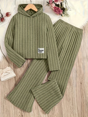 A Set of Women's Ribbed Letter Applique Hoodie and Flared Pants