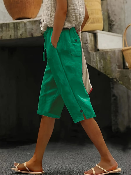 100% Women's Spring/Summer Solid Color Pants, Mid-length Casual Loose Drawstring Straight Leg Pants, Retro Style Trousers for Women, Fit for Commute and Holiday, Women's Summer Clothing