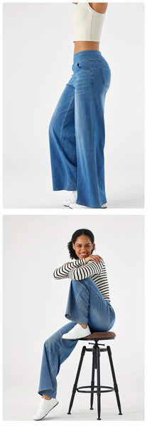' High Waisted Wide Jeans - Stretchy Pants with Multiple Pockets, -Washed - Casual Trousers for Jeanswear & Layering (Wide-Waisted Fit)