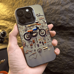 Phone Case - A Colorful Silver Phone Case Featuring a Retro Motorcycle Parts Disassembled Art Design, Compatible with Various for Iphone Including for Iphone 17 Pro Max, 16, 15, 14, 13, 12, And 11 Series, Designed to Be Stylish And Anti-Fall