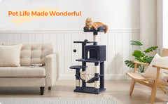 112 cm Cat Tree, Multi-Level Soft Plush Cat Tree, Cat Tower Condo with 4 Cat Scratching Posts, Hammock, Cave, Platform, Toys, Pink/White/Beige/Grey, Easy Assembly and Sturdy, Indoor Cat Furniture