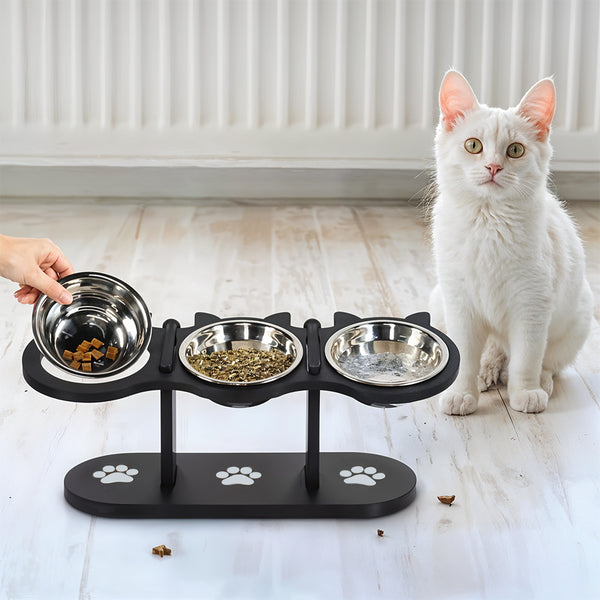 Indoor Raised Feeding Bowl Set for Cats and Dogs Pet Feeding Station with 3 Bowls and Tilted Design for Comfortable Eating Experience 32x13x15cm