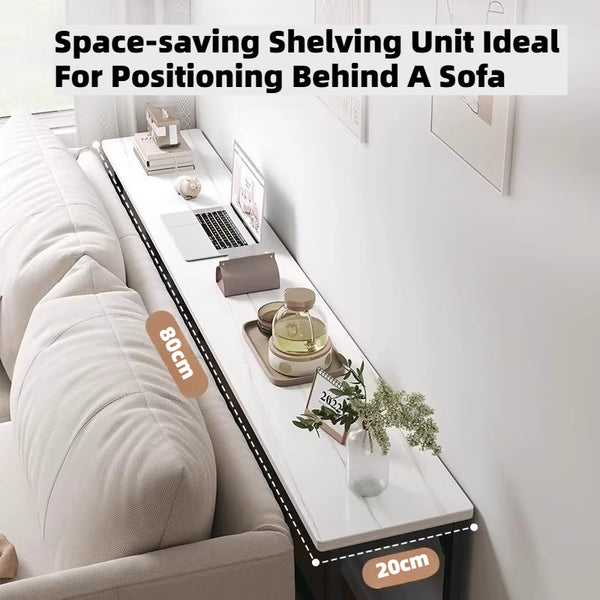 Sofa Side Table for Narrow Spaces, 2-Tier White Marble & Black Steel Shelf, 80cm Slim Console for Behind Couch, Organizer for Remote, Books, Living Room, 80*20*100cm