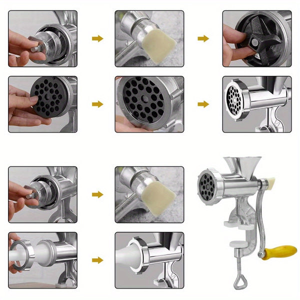 6-in-1 Manual Meat Grinder Aluminum Alloy Sausage Filling Machine Wooden Handle Meat Grinder for Meat and Vegetable Grinding and Sausage Filling