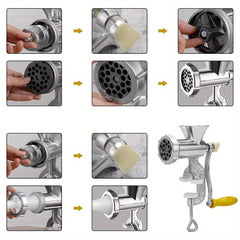 6-in-1 Manual Meat Grinder Aluminum Alloy Sausage Filling Machine Wooden Handle Meat Grinder for Meat and Vegetable Grinding and Sausage Filling