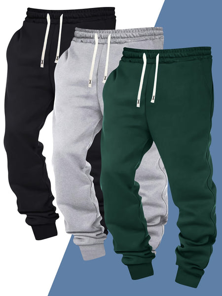 Three-pc Men's Solid Color Plain Elastic Waistband Drawstring Ribbed Cuffed Casual Jogger Pants, Men's Dress Administrative Trousers