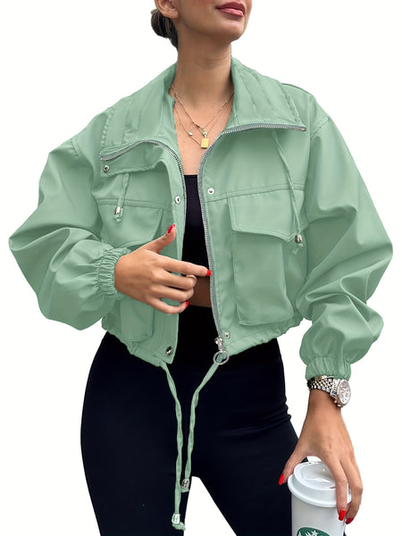 Womens Cropped Jacket Zip Up Lightweight Oversized Utility Anorak Coat with Pockets