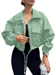 Womens Cropped Jacket Zip Up Lightweight Oversized Utility Anorak Coat with Pockets