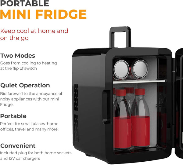 Crystals 4/10/15L Litre Mini Fridge, Table Top Small Fridge Cooler & Warmer for Car Bedrooms Desk Office, 12V DC - 220 AC, Mini Fridge for Bedrooms – Energy Efficient (Black, 10L Litre)