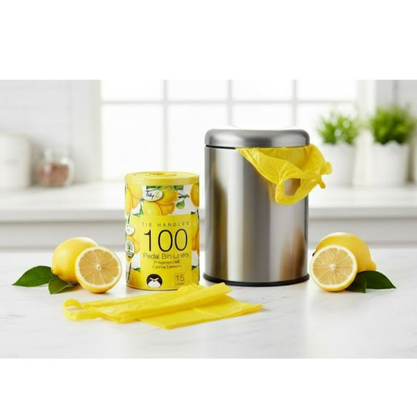 100-Pack Fragranced Pedal Bin Liners – Citrus Lemon Scents – 15L Tie Handle Bags