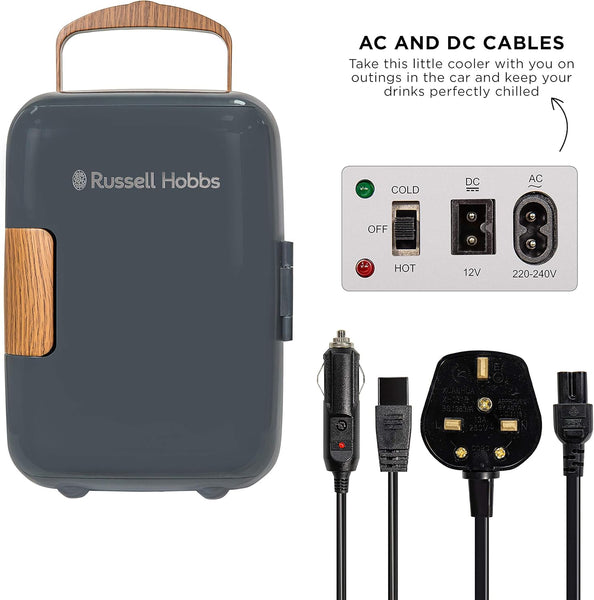 Russell Hobbs RH4CLR1001SCG 4L/6 Can Mini Portable Cooler & Warmer for Drinks, Cosmetics/Makeup/Skincare, AC/DC Power, Scandi Style, Grey & Wood Effect, for Bedroom, Home, Caravan, Car