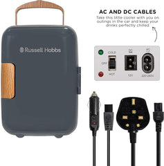 Russell Hobbs RH4CLR1001SCG 4L/6 Can Mini Portable Cooler & Warmer for Drinks, Cosmetics/Makeup/Skincare, AC/DC Power, Scandi Style, Grey & Wood Effect, for Bedroom, Home, Caravan, Car