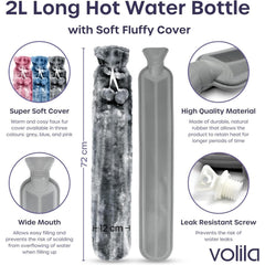 Long Hot Water Bottle for Back Ache and Pain Relief - 2L Soft Grey Plush Covered Hot Water Bottle - Luxury, Washable and Reusable Hot Water Bag