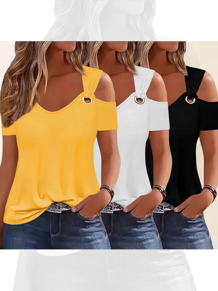 Three-Piece Summer Off-Shoulder Short-Sleeve T-Shirt, Casual Loose Eyelet V-Neck Solid Color Basic Off-Shoulder Short-Sleeve Top