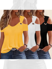 Three-Piece Summer Off-Shoulder Short-Sleeve T-Shirt, Casual Loose Eyelet V-Neck Solid Color Basic Off-Shoulder Short-Sleeve Top