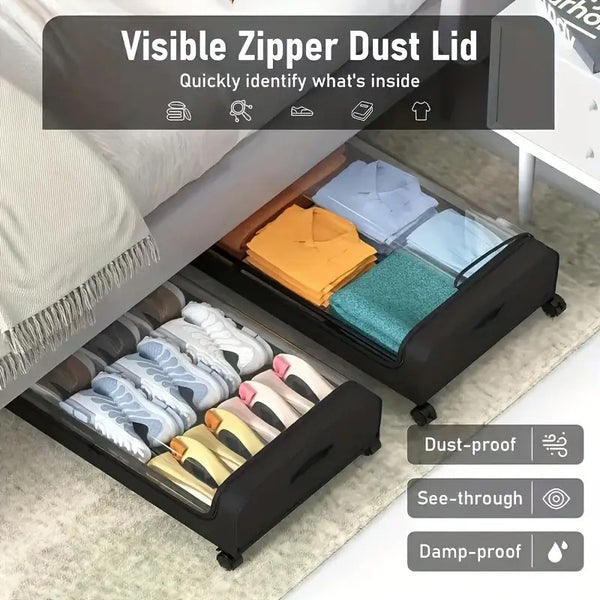 Lunaluke 1/2/4pcs Under Bed Storage with Wheels XXL 60L Large Capacity Rolling Underbed Storage Bins Organizer for Clothes, Shoes, Blankets, Toys, Books and Seasonal Items, Space-Saving Under Bed Drawer Box for Bedroom, Closet, Dorm, Living Room and Kids