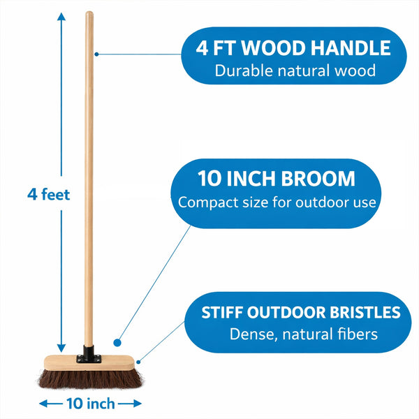 10' Outdoor Yard Broom Stiff Bristle Sweeping Brush with Strong Wooden Handle and Support Bracket for Cleaning Patio Driveway Garden and Yard Areas