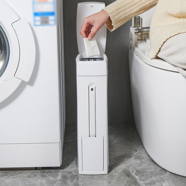 Slim Trash Can with Brush | Large Capacity Narrow Space Garbage Bin, Bathroom Waste Basket with Lid, Creative Home Cleaning Supplies, Plastic, Odor Sealing, No Electricity Needed