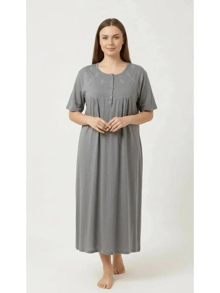 Women'S Nightdress Soft Comfortable Short Sleeve Nightie Button Front Embroidered Sleep Dress Loose Fit Midi Lounge Nightwear House Dress S-XXL
