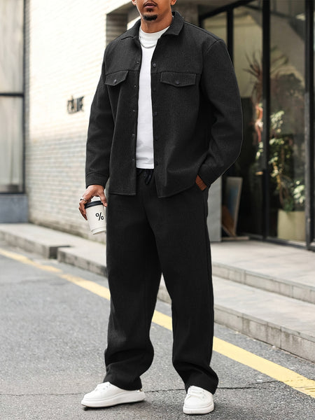 Men'S Fall Workwear Buttoned Casual Cardigan for Daily Wear, Sports Collar Outerwear, Top Matched with Casual Trousers, Two-Piece Set
