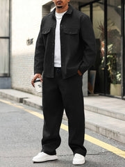Men'S Fall Workwear Buttoned Casual Cardigan for Daily Wear, Sports Collar Outerwear, Top Matched with Casual Trousers, Two-Piece Set