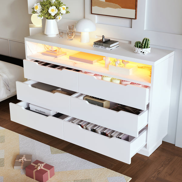 Marbled 6-Drawer Sideboard, Modern Storage Cabinet with Lighting & Shelves, Chest of Drawers for Living Room Home Office, 85 x 120 x 40 cm, White