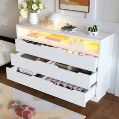 Marbled 6-Drawer Sideboard, Modern Storage Cabinet with Lighting & Shelves, Chest of Drawers for Living Room Home Office, 85 x 120 x 40 cm, White